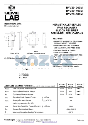 BYV29-300M datasheet - HERMETICALLY SEALED FAST RECOVERY SILICON RECTIFIER FOR HI.REL APPLICATIONS
