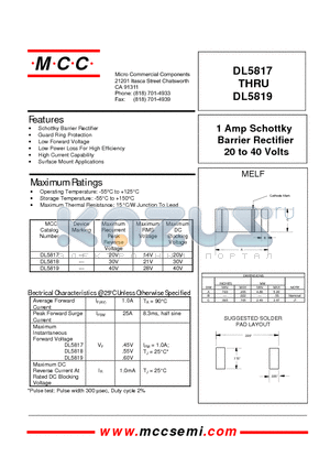 DL5817 datasheet - 1 Amp Schottky Barrier Rectifier 20 to 40 Volts