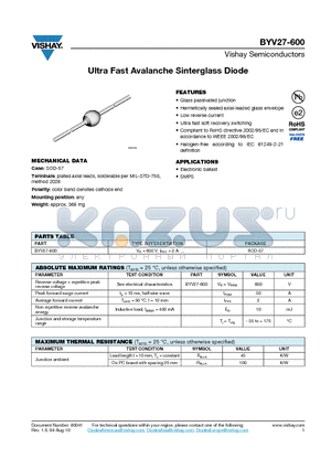 BYV27-600 datasheet - Ultra Fast Avalanche Sinterglass Diode