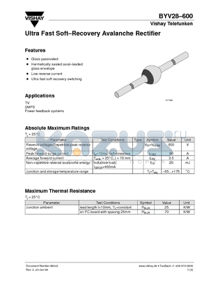 BYV28600 datasheet - Ultra Fast Soft-Recovery Avalanche Rectifier