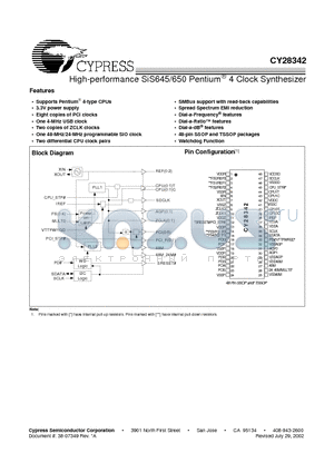 CY28342ZC datasheet - High-performance SiS645/650 Pentium 4 Clock Synthesizer