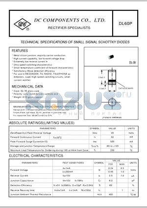 DL60P datasheet - TECHNICAL SPECIFICATIONS OF SMALL SIGNAL SCHOTTKY DIODES