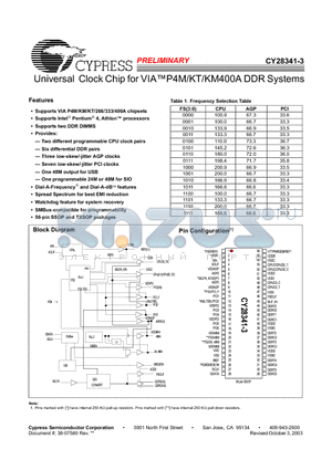 CY28341ZC-3T datasheet - Universal Clock Chip for VIAP4M/KT/KM400A DDR Systems