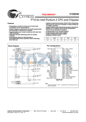 CY28344PVC datasheet - FTG for Intel Pentium 4 CPU and Chipsets