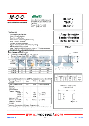 DL5819 datasheet - 1 Amp Schottky Barrier Rectifier 20 to 40 Volts