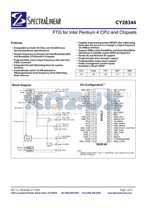 CY28344PVC datasheet - FTG for Intel Pentium 4 CPU and Chipsets