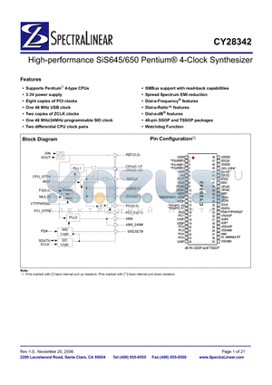 CY28342ZCT datasheet - High-performance SiS645/650 Pentium^ 4-Clock Synthesizer