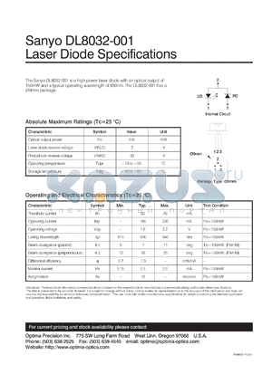 DL8032-001 datasheet - Laser Diode Specifications