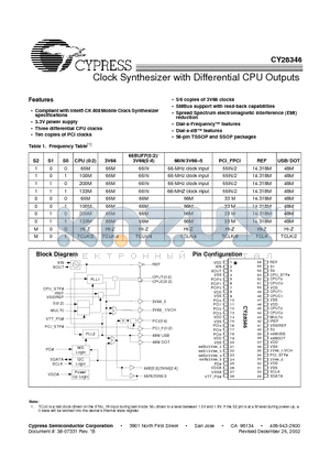 CY28346ZC datasheet - Clock Synthesizer with Differential CPU Outputs