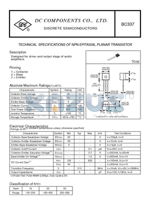 BC337 datasheet - TECHNICAL SPECIFICATIONS OF NPN EPITAXIAL PLANAR TRANSISTOR