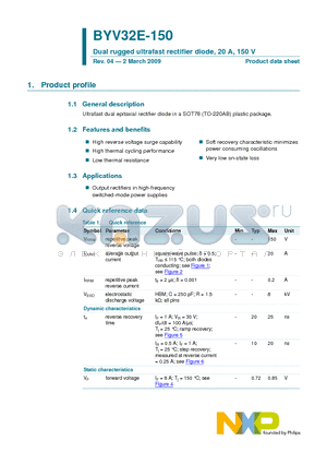 BYV32E-150 datasheet - Dual rugged ultrafast rectifier diode, 20 A, 150 V