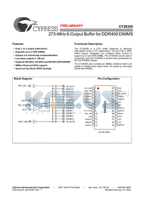 CY28359 datasheet - 273-MHz 6-Output Buffer for DDR400 DIMMS