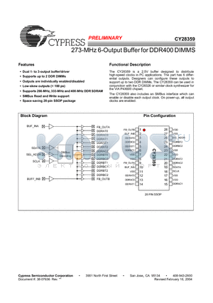 CY28359OI datasheet - 273-MHz 6-Output Buffer for DDR400 DIMMS