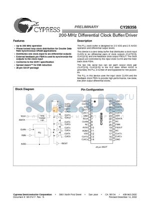 CY28358 datasheet - 200-MHz Differential Clock Buffer/Driver