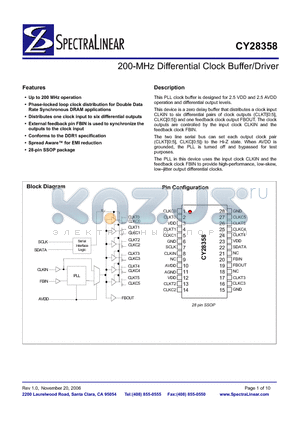 CY28358 datasheet - 200-MHz Differential Clock Buffer/Driver