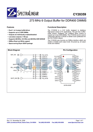 CY28359OIT datasheet - 273 MHz 6 Output Buffer for DDR400 DIMMS