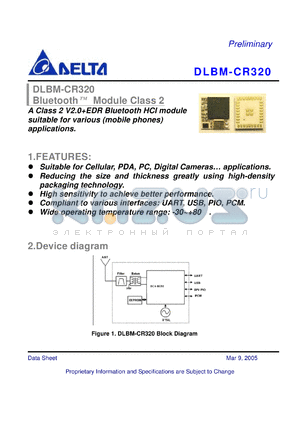 DLBM-CR320 datasheet - A Class 2 V2.0EDR Bluetooth HCI module suitable for various (mobile phones) applications