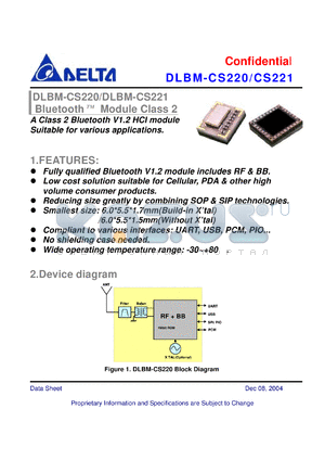 DLBM-CS220 datasheet - A Class 2 Bluetooth V1.2 HCI module Suitable for various applications.