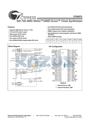 CY28372OCT datasheet - SiS 746 AMD Athlon/AMD Duron Clock Synthesizer