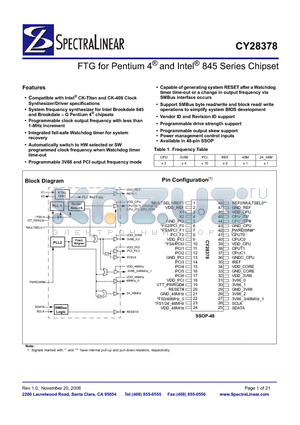 CY28378 datasheet - FTG for Pentium 4^ and Intel^ 845 Series Chipset