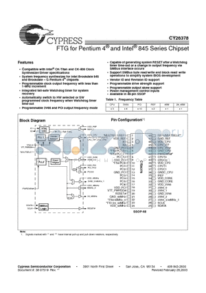 CY28378OC datasheet - FTG for Pentium 4 and Intel 845 Series Chipset