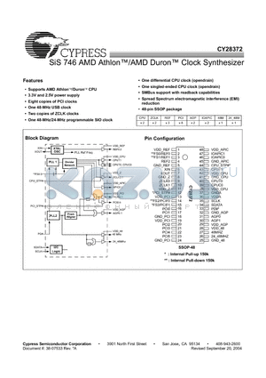 CY28372OXCT datasheet - SiS 746 AMD Athlon/AMD Duron Clock Synthesizer