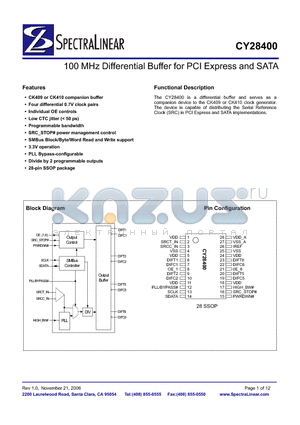 CY28400 datasheet - 100 MHz Differential Buffer for PCI Express and SATA