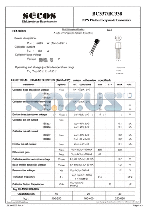 BC338 datasheet - NPN Plastic-Encapsulate Transistors