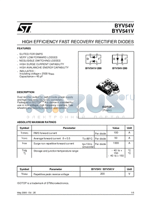 BYV541V datasheet - HIGH EFFICIENCY FAST RECOVERY RECTIFIER DIODES