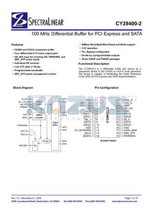 CY28400ZXC-2T datasheet - 100 MHz Differential Buffer for PCI Express and SATA