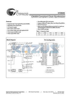 CY28404OXCT datasheet - CK409-COMPLIANT CLOCK SYNTHESIZER