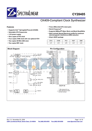 CY28405 datasheet - CK409-Compliant Clock Synthesizer