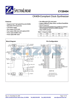 CY28404OCT datasheet - CK409-Compliant Clock Synthesizer