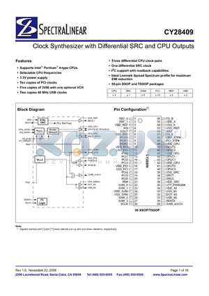 CY28409OCT datasheet - Clock Synthesizer with Differential SRC and CPU Outputs