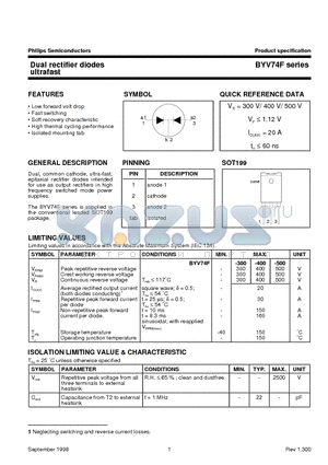 BYV74F-400 datasheet - Dual rectifier diodes ultrafast