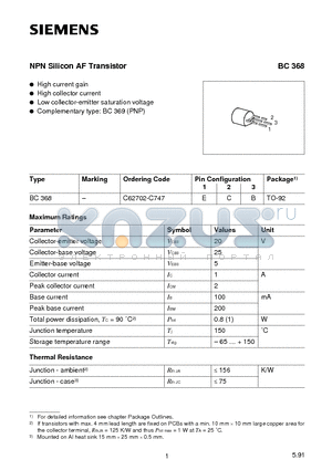 BC368 datasheet - NPN Silicon AF Transistor (High current gain High collector current)