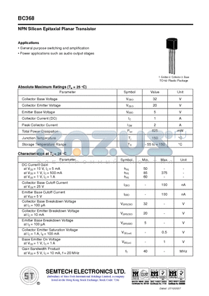 BC368 datasheet - NPN Silicon Epitaxial Planar Transistor