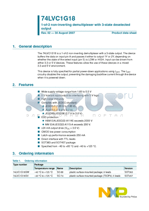 74LVC1G18 datasheet - 1-of-2 non-inverting demultiplexer with 3-state deselected output