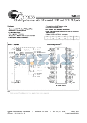 CY28409ZCT datasheet - Clock Synthesizer with Differential SRC and CPU Outputs