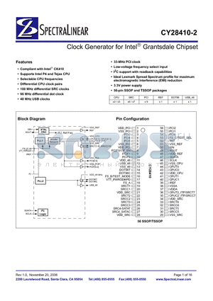 CY28410-2 datasheet - Clock Generator for Intel Grantsdale Chipset