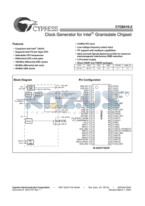 CY28410OXC-2 datasheet - Clock Generator for Intel Grantsdale Chipset