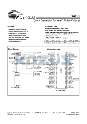 CY28411OC datasheet - Clock Generator for Intel Alviso Chipset