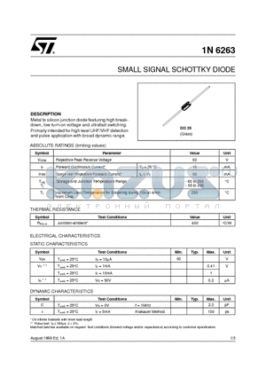 1N6263 datasheet - SMALL SIGNAL SCHOTTKY DIODE