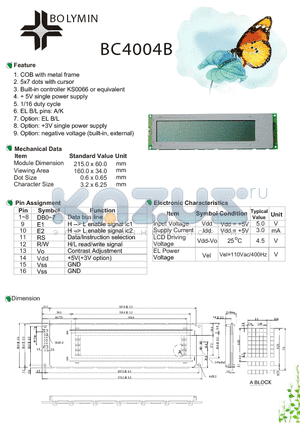 BC4004B datasheet - COB with metal frame 5x7 dots with cursor