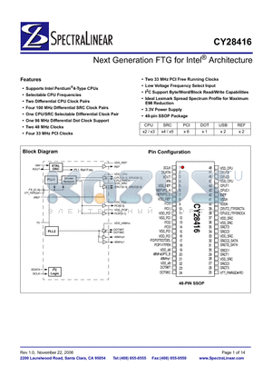 CY28416OXC datasheet - Next Generation FTG for Intel^ Architecture