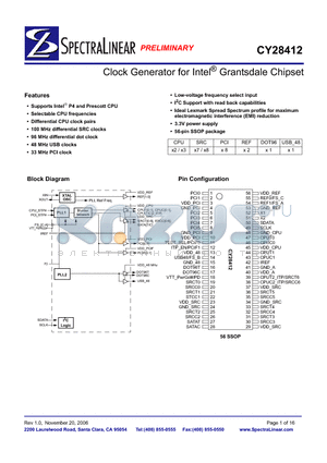 CY28412OXCT datasheet - Clock Generator for Intel^ Grantsdale Chipset
