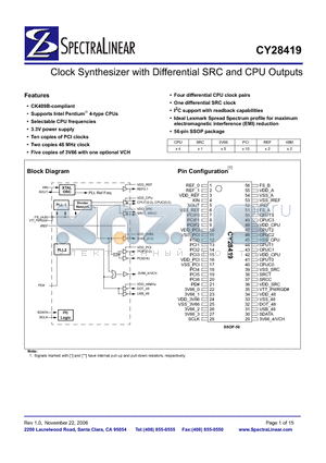 CY28419 datasheet - Clock Synthesizer with Differential SRC and CPU Outputs