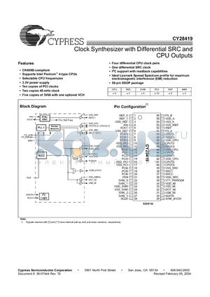 CY28419 datasheet - Clock Synthesizer with Differential SRC and CPU Outputs