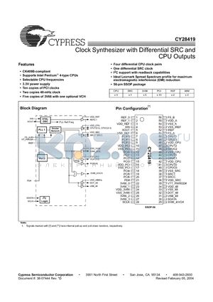 CY28419OC datasheet - Clock Synthesizer with Differential SRC and CPU Outputs