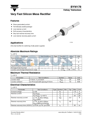 BYW178 datasheet - Very Fast Silicon Mesa Rectifier